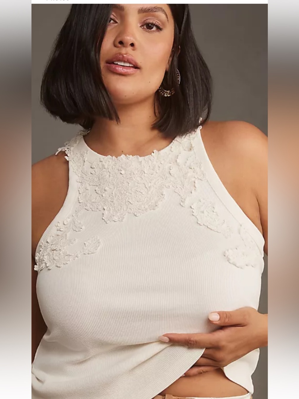 Anthropologie White Lace Appliqué Ribbed Tank Top